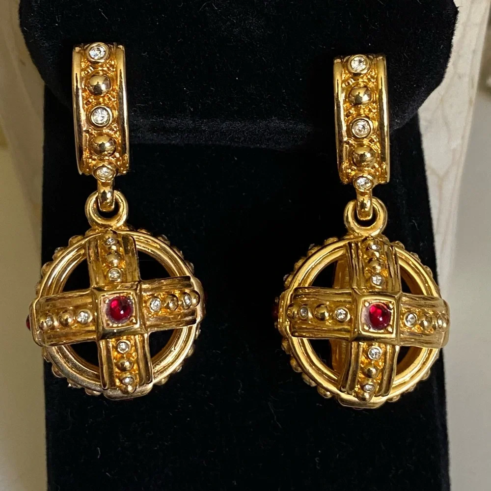 Vintage Swarovski Swan Dangle Maltese Cross Crystal Gold Tone Clip On Earrings - Picture 1 of 16